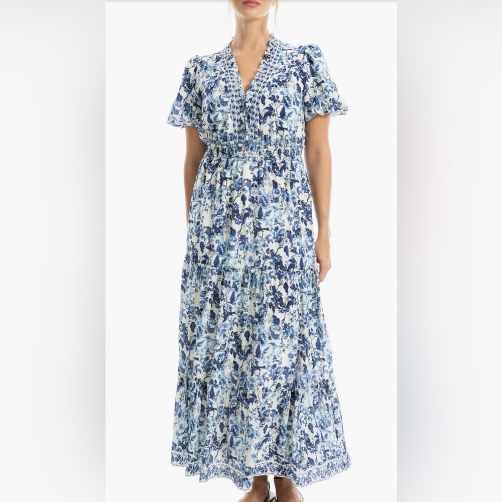 Max Studio V-Neck Short Sleeve Blue Floral Tiered Maxi Dress